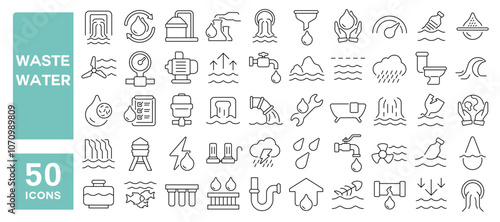 Set of 50 line icons related to waste water, sewage, treatment, management, recycle, clean, station, pipe, eco, purity, Editable stroke. Vector illustration