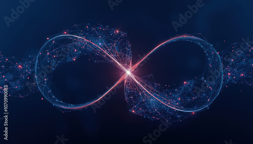 glowing infinity symbol made of interconnected nodes and lines on dark background, representing endless possibilities and connectivity