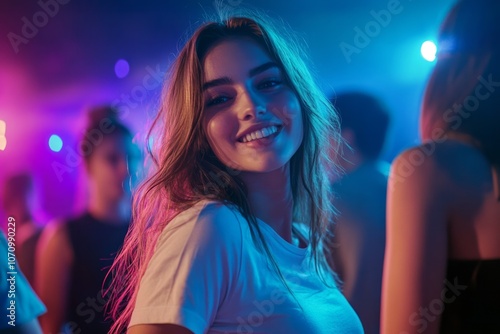 Close up of a cute 20 year old woman in white t shirt at a club after dark 