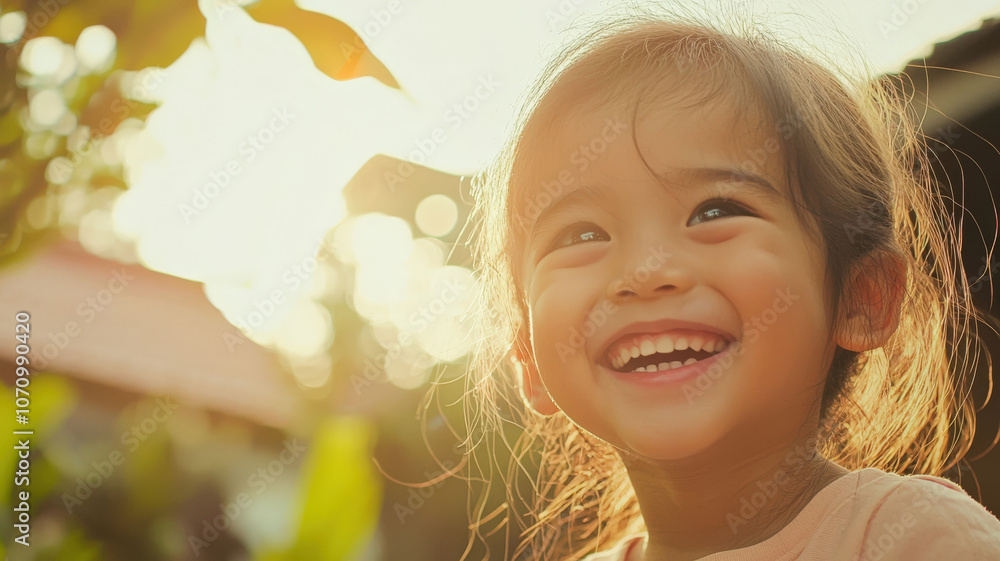 Fototapeta premium Kids joyfully playing outside, their faces lit up with smiles, capturing the essence of childhood happiness