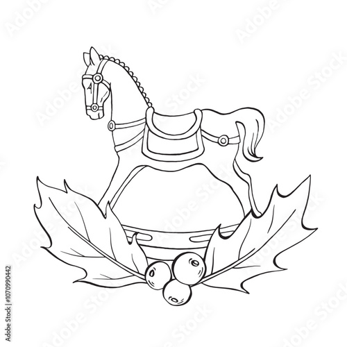 Christmas rocking horse and holly leaves with berries. Winter cozy isolated vector composition. For invitation, coloring book, card, print, wrapping