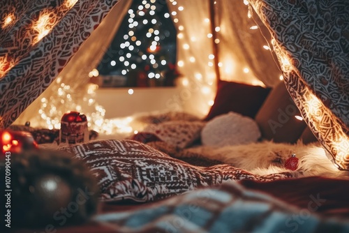 Cozy blanket fort lit by Christmas string lights, with pillows and holiday decorations photo