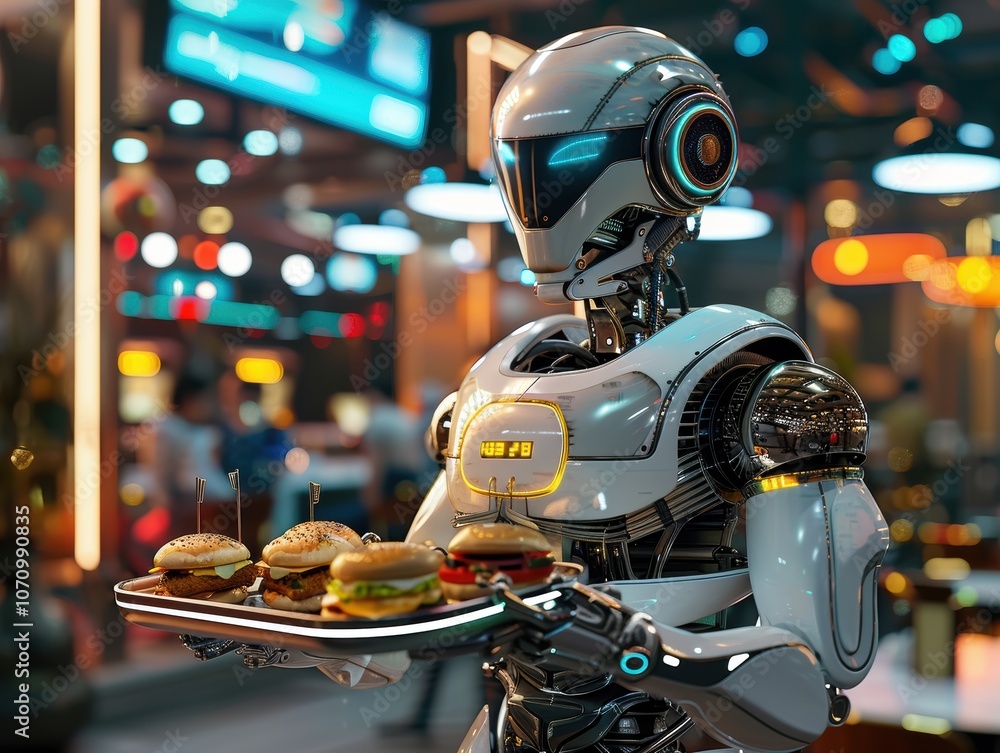 Fototapeta premium Humanoid Robot Delivering Fast Food in a Modern Restaurant