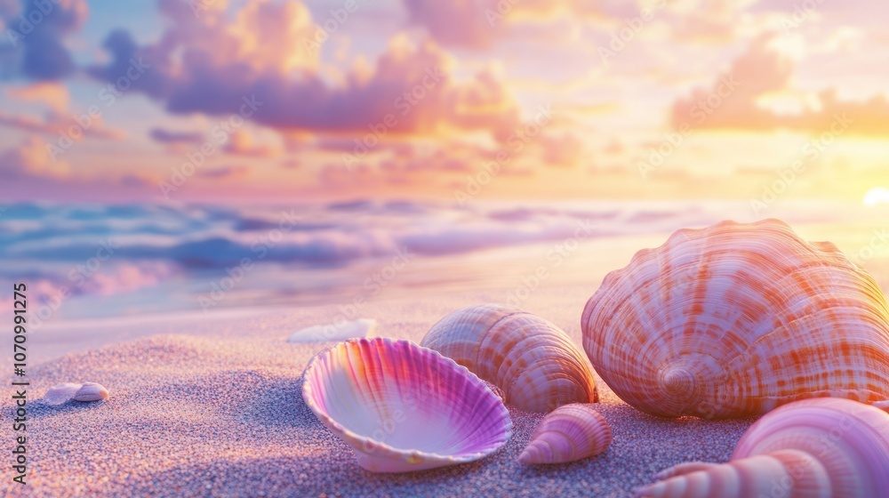 Seashells on a sandy beach at sunset. (1)