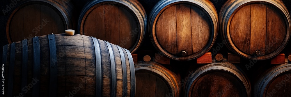 A collection of rustic wooden barrels neatly stacked in a dimly lit cellar for aging spirits. A collection of rustic wooden barrels neatly stacked in a dimly lit cellar for aging spirits.