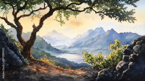 Watercolor Landscape with Mountain and Lake