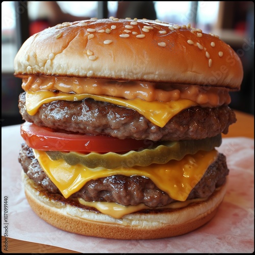 A towering burger with double patties, cheese, and toppings on a sesame bun. photo