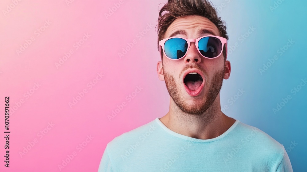 A man with sunglasses expresses excitement against a colorful gradient background. A man with sunglasses expresses excitement against a colorful gradient background.