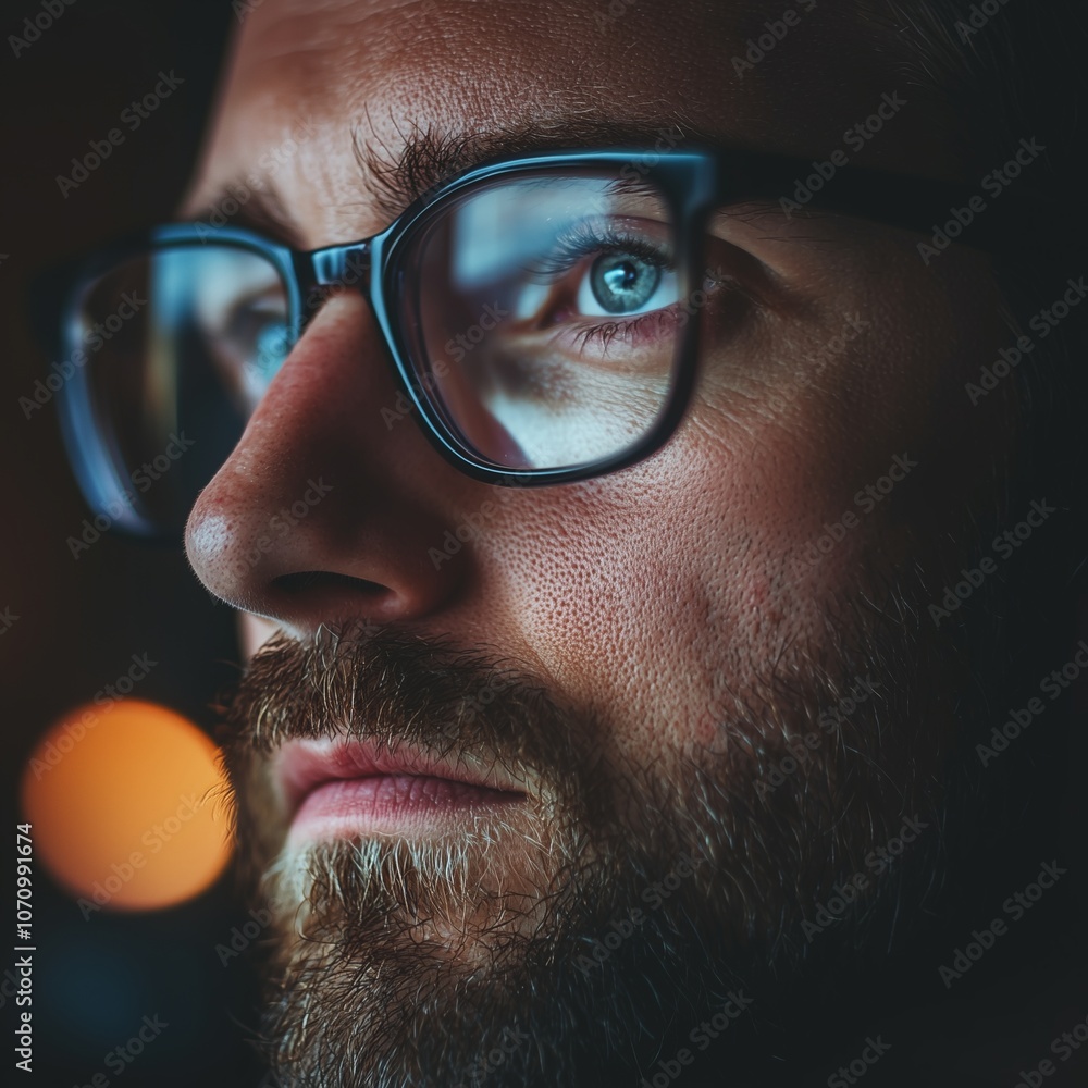 A man with glasses looks pensive as he gazes into something unseen, with reflections dancing in his lens. A man with glasses looks pensive as he gazes into something unseen, with reflections dancing in his lens.