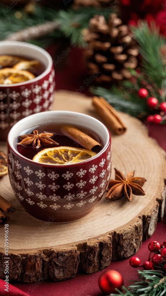 Red and white mugs of spiced mulled wine on festive serving tray Red and white mugs of spiced mulled wine on festive serving tray