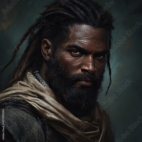 dark skinned old human, druid, shaman, beard, dark hair, dark eye color, simple clothes