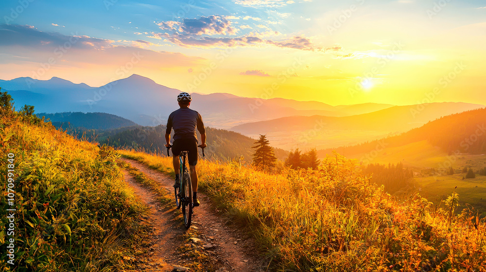 Lone cyclist on a mountain trail at sunset, capturing the serenity and adventure of outdoor exploration Lone cyclist on a mountain trail at sunset, capturing the serenity and adventure of outdoor exploration