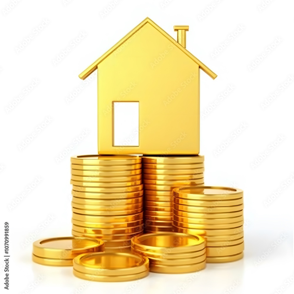 Golden House Model on Stacks of Gold Coins Representing Real Estate Investment ISOLTED ON WHITE BACKGROUND Golden House Model on Stacks of Gold Coins Representing Real Estate Investment ISOLTED ON WHITE BACKGROUND