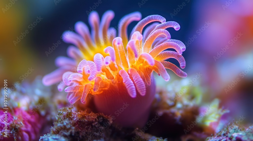 A close-up of a vibrant pink and orange sea anemone with its tentacles extended, showcasing its intricate beauty. A close-up of a vibrant pink and orange sea anemone with its tentacles extended, showcasing its intricate beauty.