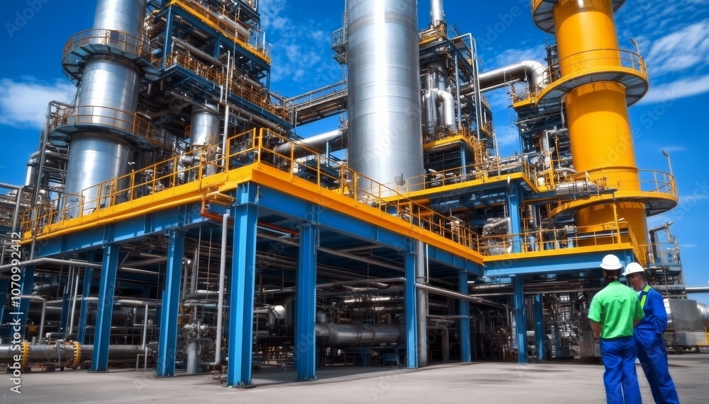 Petroleum Refinery Plant With Workers Monitoring Operations Process, Industrial Energy Production Petroleum Refinery Plant With Workers Monitoring Operations Process, Industrial Energy Production