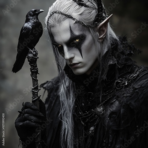 Grave domain cleric, Shadar-kai Necromancer, male Elf with Gothic appearance photo