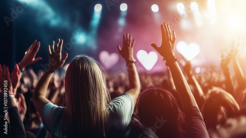 Wallpaper Mural Concert crowd with hands raised, forming hearts, silhouetted by warm, glowing stage lights and vibrant heart symbols, creating an immersive festival vibe. Torontodigital.ca