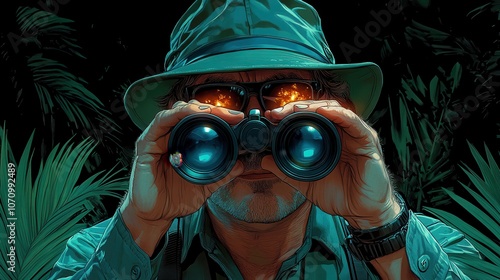 Forest Ranger Observing Nature with Binoculars