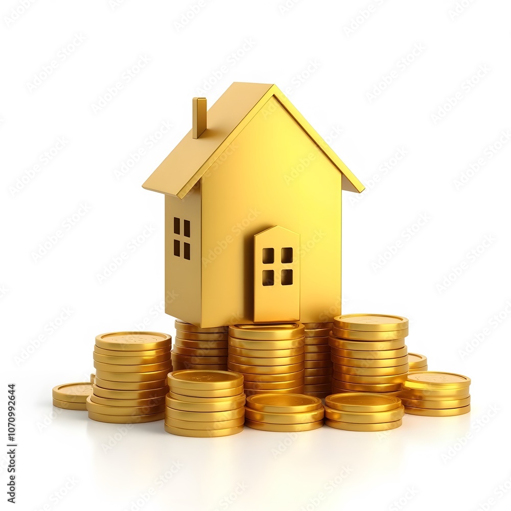 Golden House Model on Stacks of Gold Coins Representing Real Estate Investment ISOLTED ON WHITE BACKGROUND Golden House Model on Stacks of Gold Coins Representing Real Estate Investment ISOLTED ON WHITE BACKGROUND