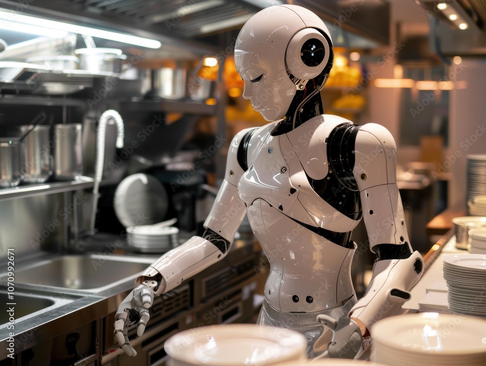 Fototapeta premium A white humanoid robot waiter placing plates in a professional restaurant kitchen showing robotic technology in the culinary field.