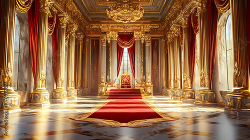 Opulent royal palace interior with golden and red accents majestic fantasy throne room digital concept art. Fantasy. Illustration