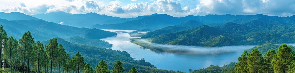 Stunning Panoramic Mountain Landscape with Serene River and Lush Green Forest Under Blue Sky Featuring Scenic Nature View and Majestic Hills in Daylight Stunning Panoramic Mountain Landscape with Serene River and Lush Green Forest Under Blue Sky Featuring Scenic Nature View and Majestic Hills in Daylight