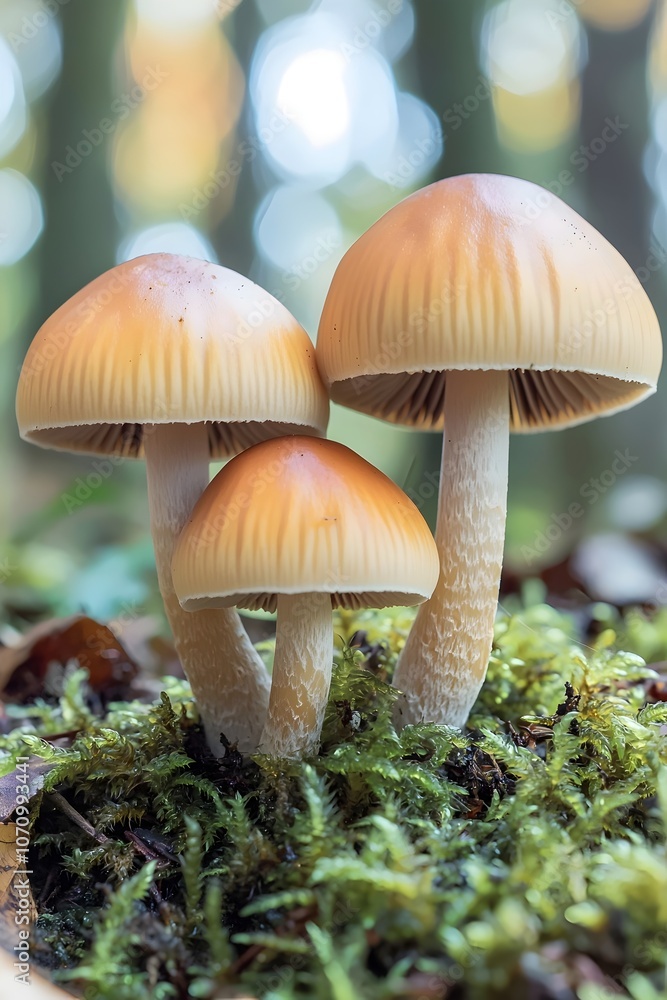 Three beautiful mushrooms with golden caps rising from a bed of green moss, creating a whimsical woodland scene filled with soft, blurred colors in the background. Three beautiful mushrooms with golden caps rising from a bed of green moss, creating a whimsical woodland scene filled with soft, blurred colors in the background.