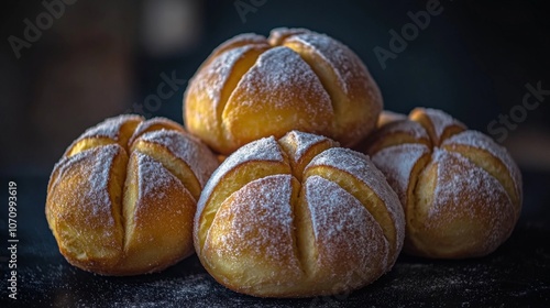 Freshly Baked Artisan Bread Rolls with Crispy Golden Crust and Powdered Flour on Top in Rustic Kitchen Setting Perfect for Homemade Baking Inspiration