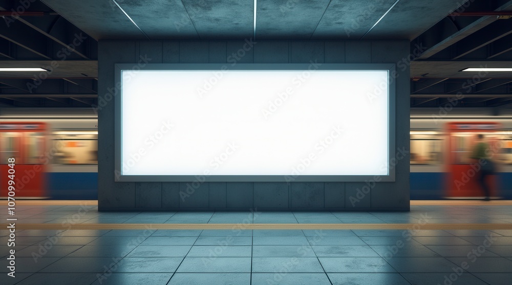 Blank Advertising Billboard in Subway Station with Passing Trains Urban Advertising Concept Blank Advertising Billboard in Subway Station with Passing Trains Urban Advertising Concept