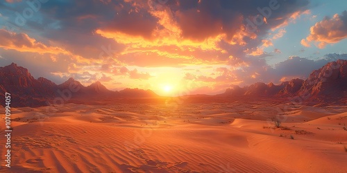 A breathtaking sunset over a vast desert landscape, with vibrant orange and golden hues illuminating the rippled sand dunes and distant mountains under a dramatic sky.