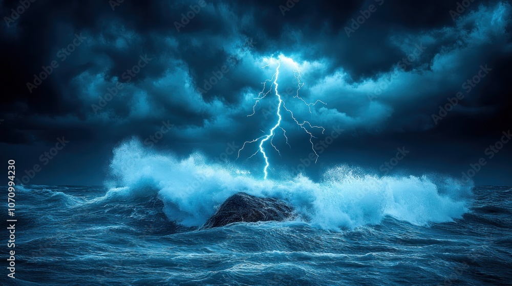 A powerful lightning bolt strikes above a rocky island in the middle of a raging storm. A powerful lightning bolt strikes above a rocky island in the middle of a raging storm.