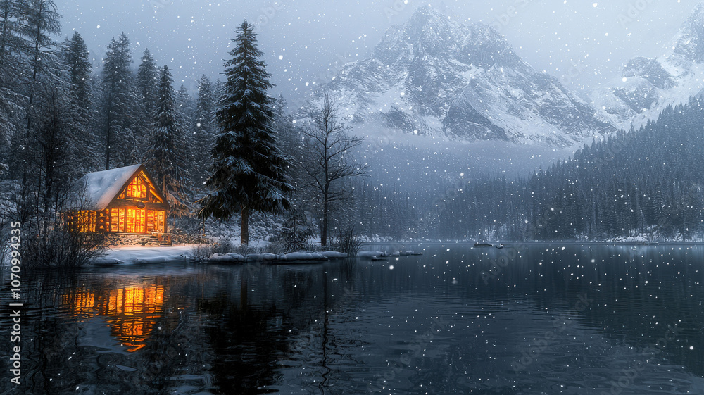 Fototapeta premium Peaceful winter lake with reflections of snowy mountains and forests, a lit cabin with a tree in the window, and soft snowflakes falling