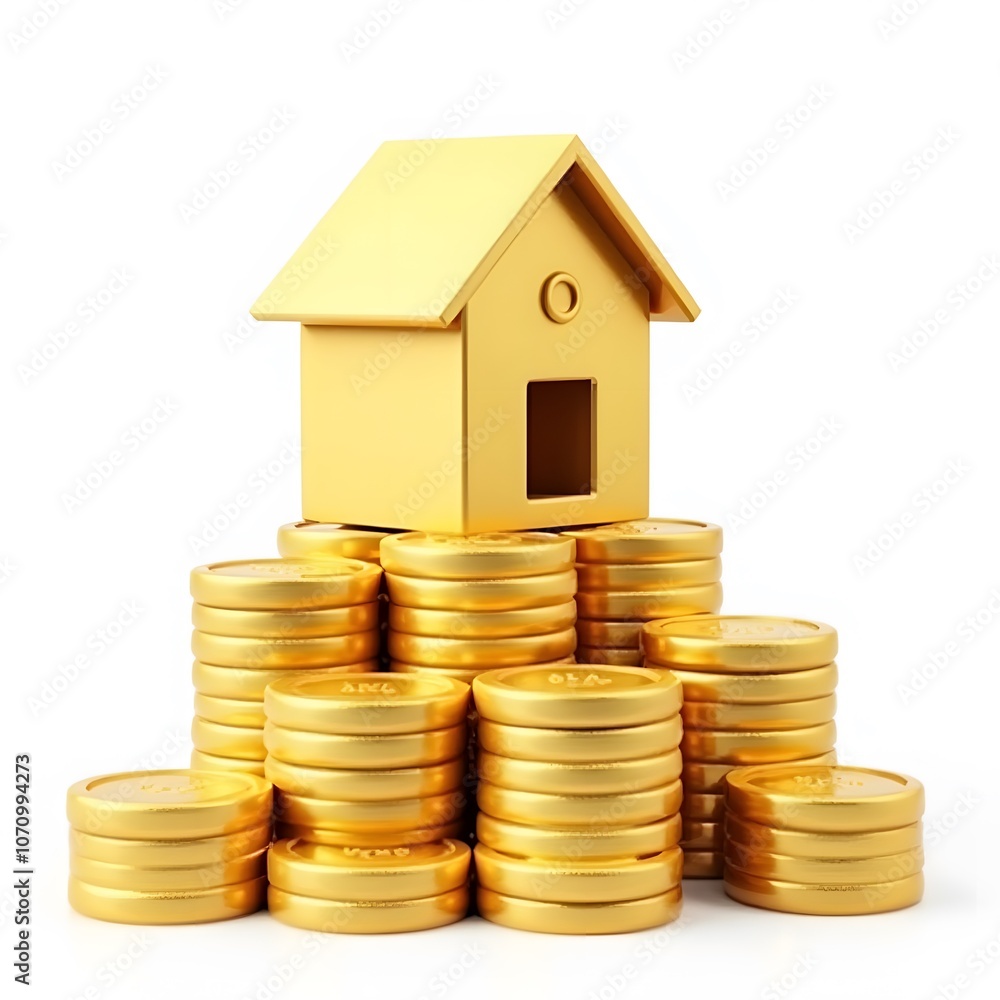 Golden House Model on Stacks of Gold Coins Representing Real Estate Investment ISOLTED ON WHITE BACKGROUND Golden House Model on Stacks of Gold Coins Representing Real Estate Investment ISOLTED ON WHITE BACKGROUND
