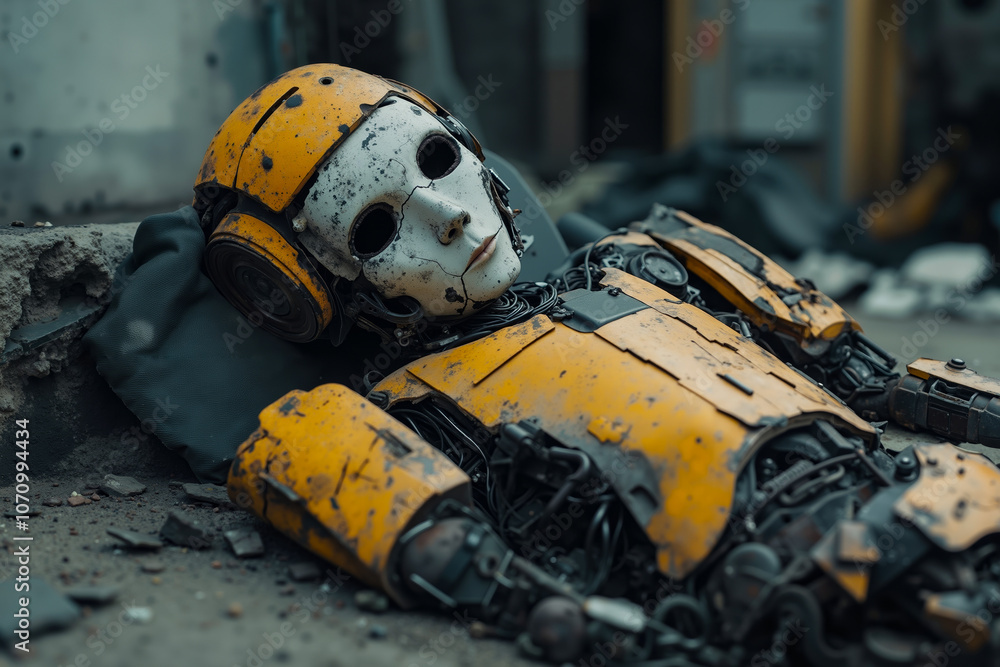 Fototapeta premium A robot laying on the ground in a ruined building