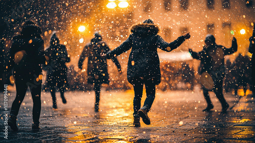 People dancing in the rain, captured in a moment of pure joy and freedom photo