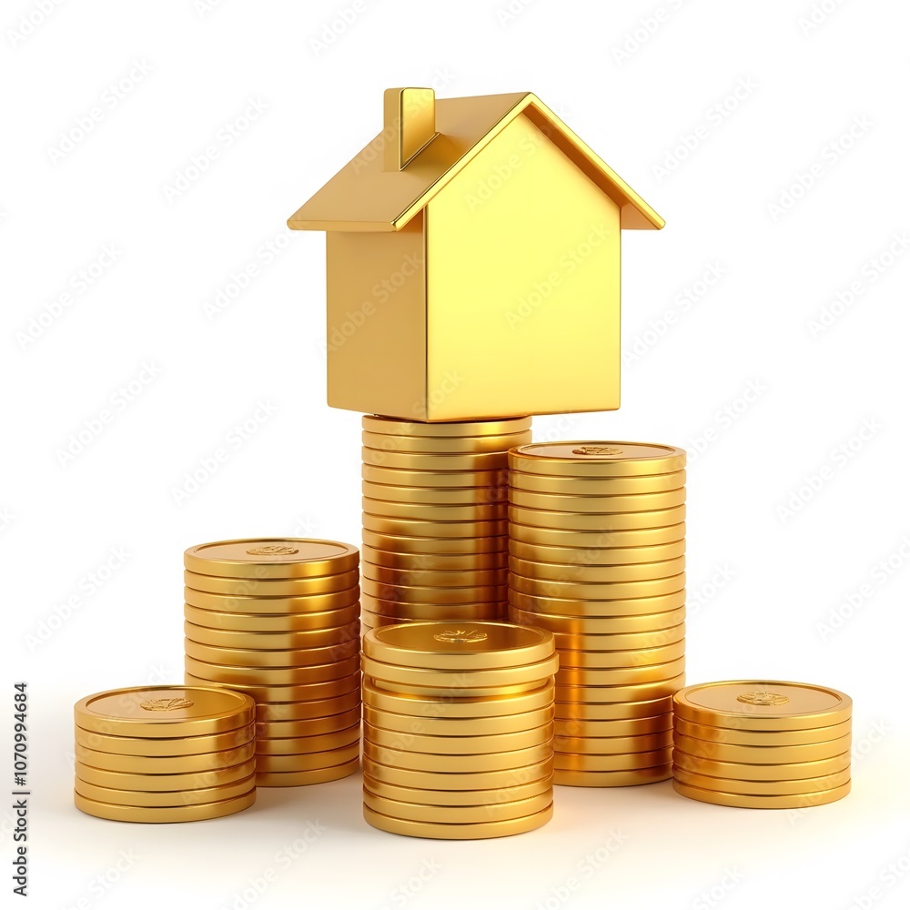 Golden House Model on Stacks of Gold Coins Representing Real Estate Investment ISOLTED ON WHITE BACKGROUND Golden House Model on Stacks of Gold Coins Representing Real Estate Investment ISOLTED ON WHITE BACKGROUND