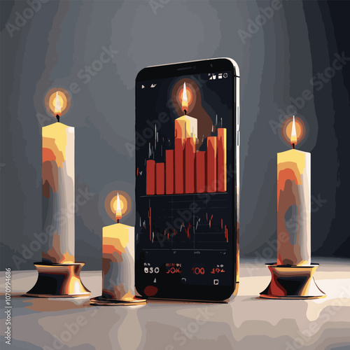 Realistic smartphone mockup. 3d candlestick chart of stock sale and buy. Market investment, online trade on mobile phone. Vector transparent shadow, blur effect. Business application interface design.