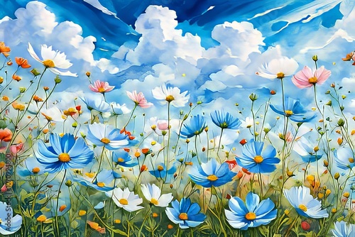 Lush garden of cosmos flowers painted in vivid colors beneath deep blue sky. Blossoms in full bloom wave gracefully, infusing scene with vibrant energy, tranquility, perfect for nature lovers, print.