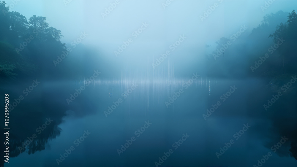 Fototapeta premium A Surreal Data Lake Surrounded by Fog and Vibrant Symbols Forming a Dynamic Representation of Information Flow