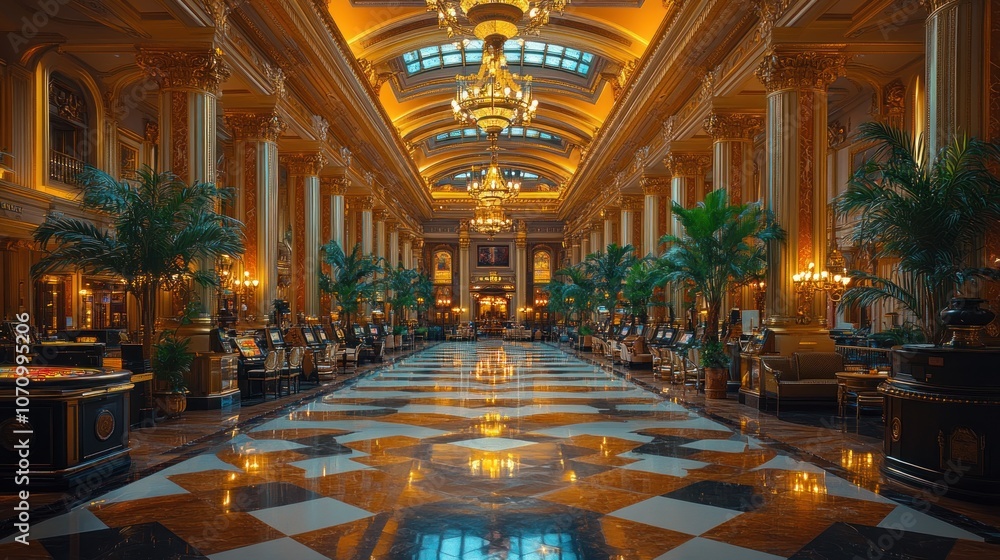 Fototapeta premium A grand, opulent lobby with a checkered floor, gold columns, and chandeliers.