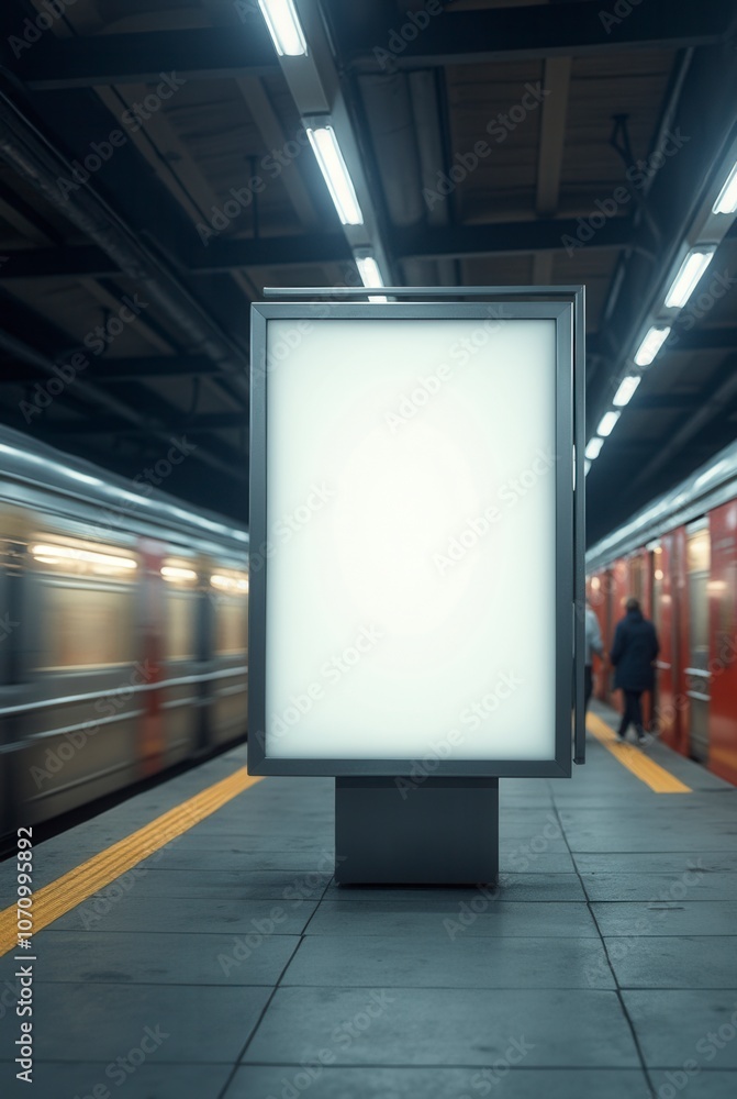 Blank Advertising Billboard in Subway Station with Passing Trains Urban Advertising Concept Blank Advertising Billboard in Subway Station with Passing Trains Urban Advertising Concept