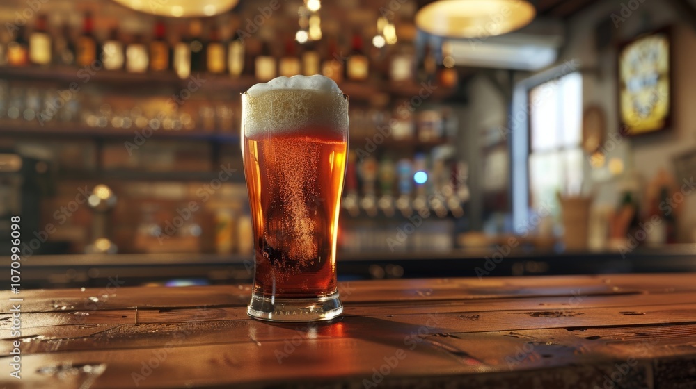 Beer on a bar counter: A pint of beer on a wooden bar counter Beer on a bar counter: A pint of beer on a wooden bar counter