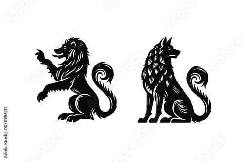 Heraldic animals: Lion and Wolf. medieval ancient coat of arms.
Black vector illustration, emblem, print, tattoo