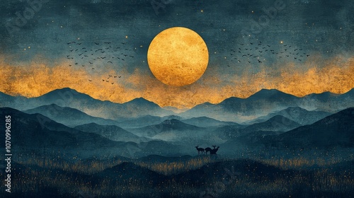 Against an abstract mountain landscape, a full moon and golden deer fly in the night sky.