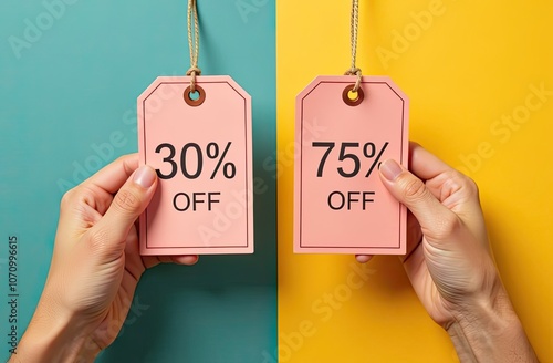 Discount tags indicating price reductions of 30 percent and 75 percent against colorful backgrounds photo