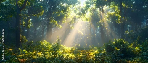 Serene forest scene featuring golden sunlight streaming through lush green foliage, creating a tranquil and enchanting atmosphere in a vibrant natural setting.