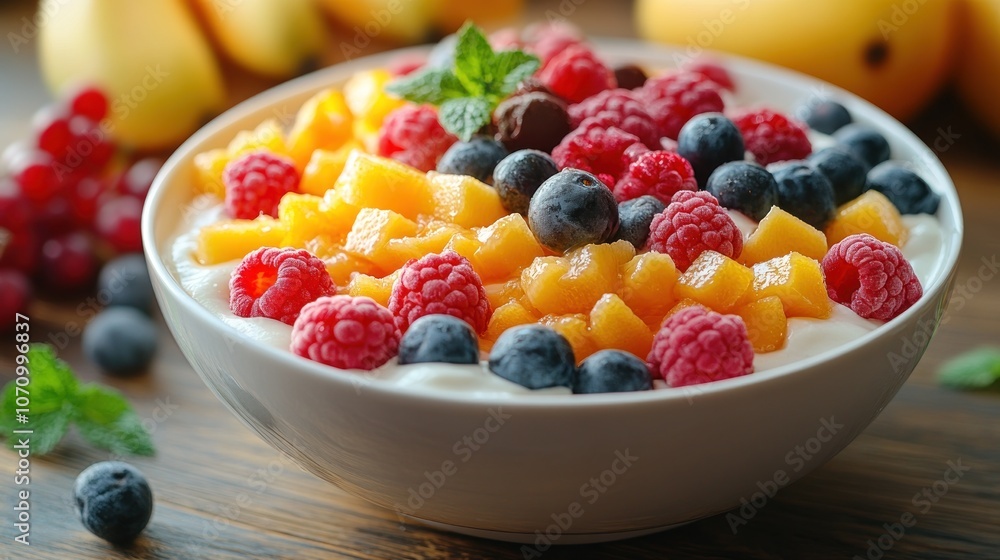 A bowl of yogurt topped with mango, raspberries, and blueberries. A bowl of yogurt topped with mango, raspberries, and blueberries.