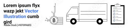 Black and white truck, blockchain symbol, clipboard with checklist, text. Ideal for finance, logistics, technology, reviews, audits, supply chain blockchain Landing page