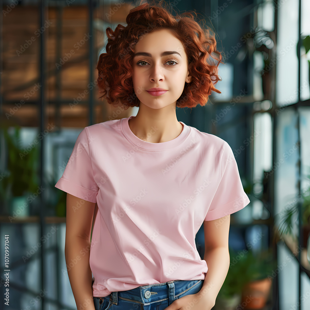 A young woman of Middle Eastern descent with curly hair stands confidently in a bright, modern space, wearing a pink t-shirt and denim jeans. A young woman of Middle Eastern descent with curly hair stands confidently in a bright, modern space, wearing a pink t-shirt and denim jeans.