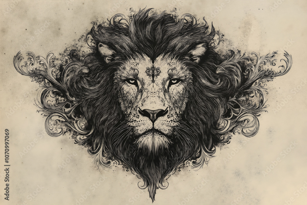 A black and white drawing of a lion's head on a beige background A black and white drawing of a lion's head on a beige background